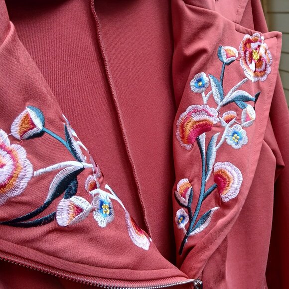Pumpkin Spice Fabric Moto Style Jacket with Vibrant Floral Embroidery Sz L - Picture 4 of 10